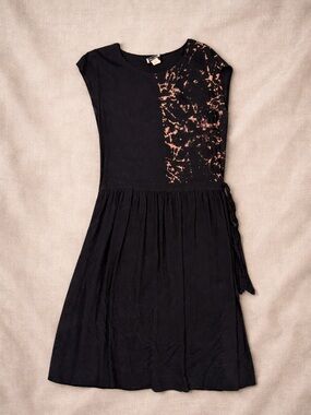 Vintage Liberty House Women's Black Maxi Dress with Copper Print Accent